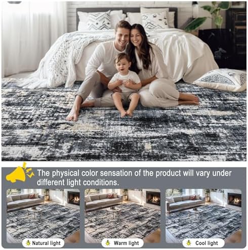 PLHXFR 10x12 Area Rug Living Room: Abstract Washable Carpet Black Gold