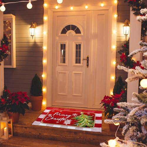 Tinideya 2 Pcs Christmas Door Mat Outdoor Whimsical Xmas Tree Front Doormat Nonslip Red and White Buffalo Plaid Layered Linen Rubber Xmas Rugs Merry Christmas Decor for Front Porch Entryway Outside