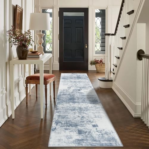 2'6''x8' Runner Rugs Washable Rug:Modern Abstract Hallway Blue White Carpet