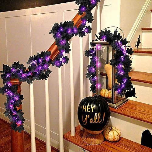 Halloween Black Leaf Garland with Purple Lights, 2 Pack