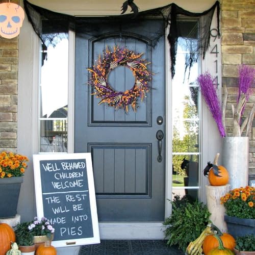 VioletEverGarden Halloween Wreaths for Front Door 22 Inch Skeleton Black Wreath Handmade Halloween Door Wreath with Purple and Orange Berries for Gothic Decorations