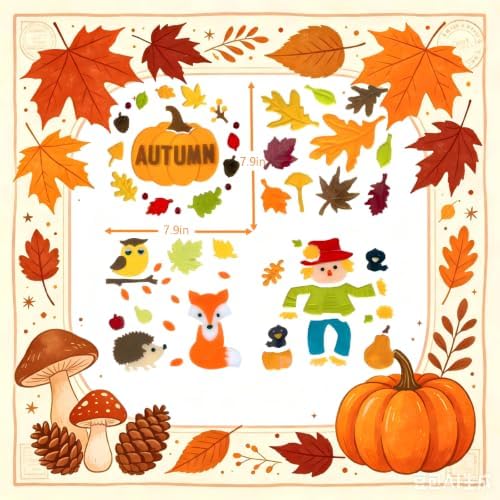 Gift&Fun 4Sheets Fall Gel Window Clings, 7.9x7.9 in, Scarecrow, Turkey, Pumpkin, Leaves, Forest Animals Theme