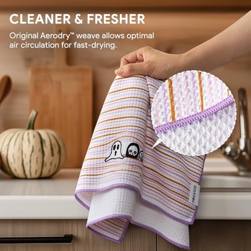 RECYCO Halloween Waffle Kitchen Towel Set of 2 - Quick Dry Microfiber Sustainable Dish Towels - Absorbent Reusable Cleaning Tea Towels - Lightweight Hand Towels,16”x 28”, Pink Boo