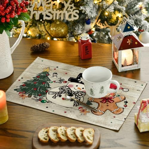 Artoid Mode Snowman Tree Gingerbread Wood Christmas Placemats Set of 4, 12x18 Inch Seasonal Winter Holiday Table Mats for Party Kitchen Dining Decoration