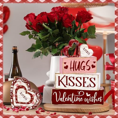 Britimes Tiered Tray Decor Set, 4 Pack, Wooden Table Sign, Red Valentine