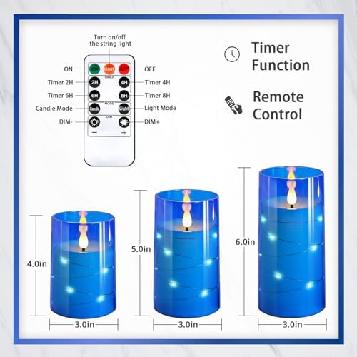 NURADA Flickering Flameless Candles: 3D Wick Built-in Star String Lights Acrylic Unbreakable Battery Operated LED Pillar Candles with Remote and Timer - 3 Pack for Wedding Valentine's Day Decor