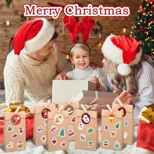 Naler 24 Pcs Christmas Gift Bags, Paper Goodie Bags with Stickers & Clips