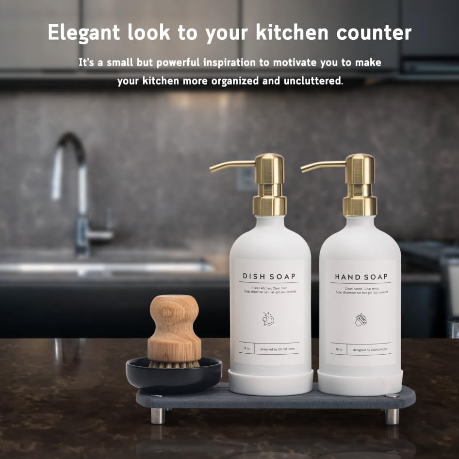 [Luxury] Kitchen Soap Dispenser Set - 16OZ White Glass Bottle, Stainless Steel Pump, Instant Dry Tray, Waterproof