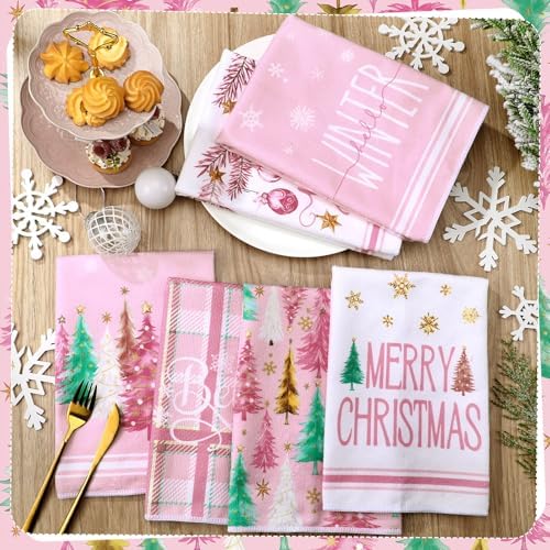 Oudain 6 Pcs Christmas Kitchen Towels Pastel Pink Xmas Tree Tea Dishtowels Decorative Plaid Bathroom Hand Towel Farmhouse Red Green Christmas Decorations for Kitchen Housewarming Home Gifts