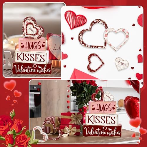 Britimes Tiered Tray Decor Set, 4 Pack, Wooden Table Sign, Red Valentine