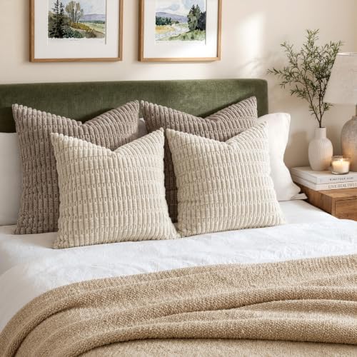 MIULEE Corduroy Decorative Throw Pillow Covers 20x20 Cream White Pack of 2