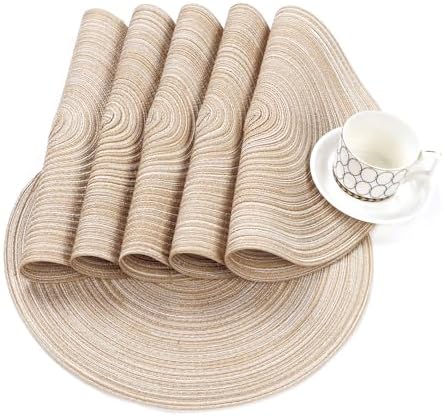 SHACOS 15 inch Round Placemats Set of 6, Cotton Polyester Woven Braided Place Mats, Washable Heat Resistant Circle Table Mats for Dining Table (Beige, 6)