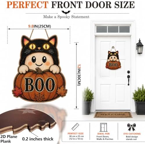 Halloween Door Sign Cute Ghost Wear a Black Cat Hat Pumpkin BOO Decor