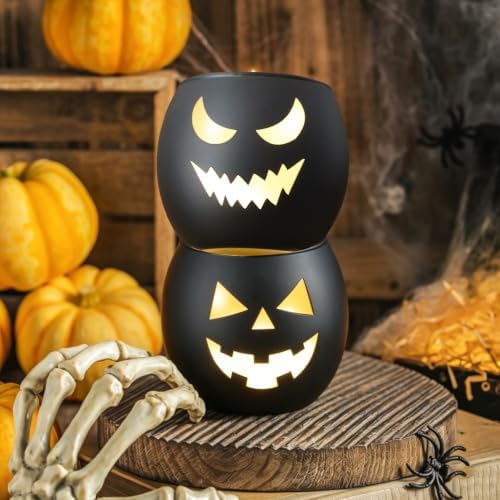 SHMILMH Halloween Table Centerpiece Candle Holders Set of 12, Black and Gold Glass Votive Holder with 6 Grimace, Tealight Holders Bulk for Halloween Party Decor