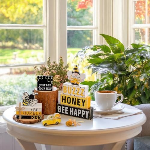 11 Pcs Bee Table Decorations Bee Tiered Tray Decorations Set Gnome Stack Signs Honey Farmhouse Rustic Wooden Table Centerpieces for Home Party
