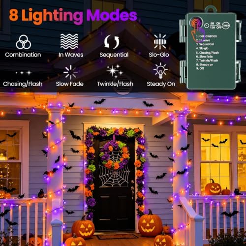 Orange Purple Halloween Lights String Waterproof for Halloween Decorations, Timer 8 Modes Battery Operated String Lights 50LED 17FT for Indoor and Outdoor