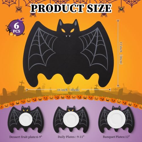 Remerry Set of 6 Halloween Bat Placemats Leather,Large Bat,Black