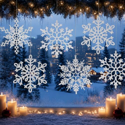12pcs Large Silver Snowflakes Ornaments 12” Big Plastic Glitter Snowflake for Winter Indoor Outdoor Christmas Tree Window Room Decorations Giant Craft Snowflakes