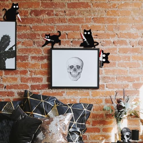 Kercan Halloween Black Cat Decor, 4 Pack Wooden Spooky Cat Wall Decorations, Funny Creepy Halloween Wall Door Window Decor for Home, Party and Haunted House