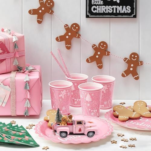Pink Gingerbread Christmas Decor Farmhouse Metal Truck with Mini Hot Cocoa