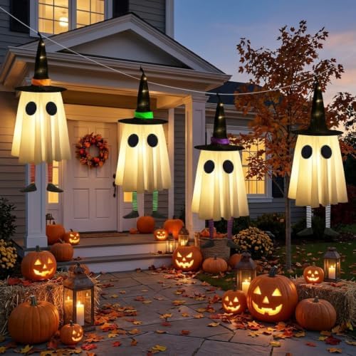 Halloween Decorations Outdoor, Spooky Ghost Halloween Decor with Witch Hat