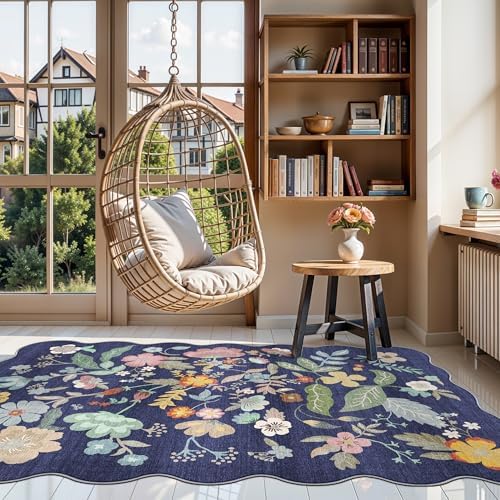 4x6 Living Room Area Rugs: Washable Boho Bedside Rug Non-Slip Floral Small Low Pile Carpet for Kitchen Bedroom