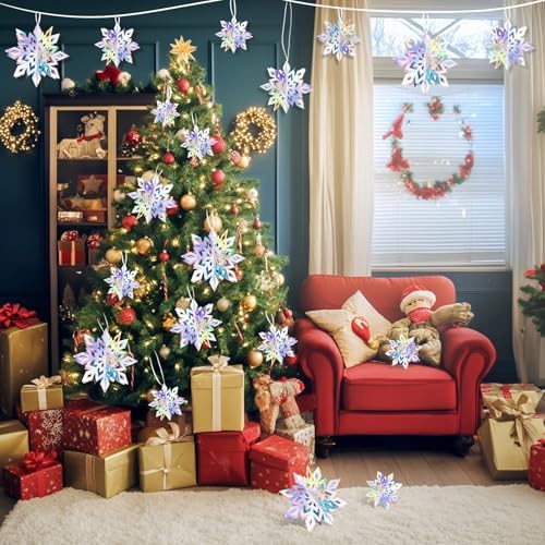 18pcs Hanging Snowflakes Decorations, 3D Iridescent Large Snowflakes Ornaments Hanging Snow Flakes from Ceiling for Christmas Winter Wonderland Indoor Home New Year Frozen Birthday Party Decorations