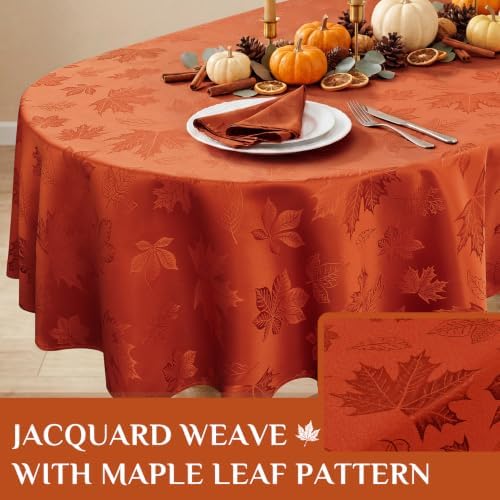 Softalker Fall Jacquard Oval Tablecloth, 60 x 84 Inch Burnt Orange
