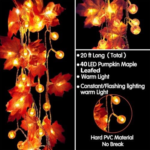 2 Pack Fall Garland with Pumpkin Lights Total 40LED 20Ft Battery Operated