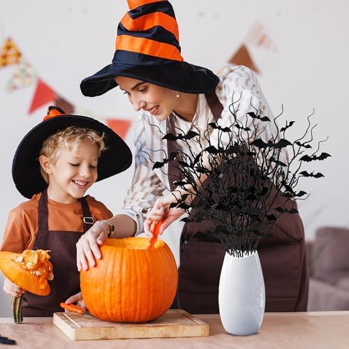 Sggvecsy 15 Pcs Artificial Halloween Glitter Stem with Black Bats Faux Picks Curly Willow Branches Decorative Glitter Sticks Twigs for Halloween DIY Crafts Festival Home Decoration