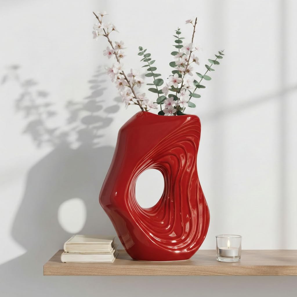 Ceramic Vase / Modern Decorative Vase for Flowers / Red / 11 Inch