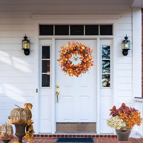 20 Inch Fall Wreath Artificial Pumpkin Wreaths for Front Door Autumn Door Wreath with Orange Eucalyptus Leaves Berries for Thanksgiving Day Harvest Festival Indoor Outdoor Celebration