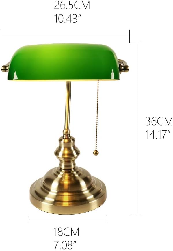 Glass Bankers Desk Lamp with Pull Chain Switch Plug in Fixture (Green)