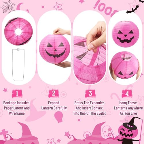 Blulu 6 Pieces Halloween Hanging Paper Lanterns Set Pumpkin Paper Jack-O'-Lantern for Halloween Spooky Home Party Decoration, 11.8 x 11 Inch (Pink,Black)