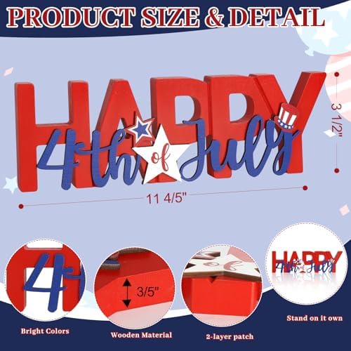 COCHIE Wooden Happy 4th of July Sign, Fourth of July Decorations for Home, Office, Shelf, Mantel, Indoor, Wood Patriotic Decor, Red Blue and White Table Top Centerpiece Party Decoration (Patriotic)