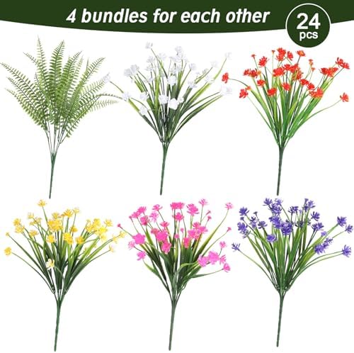 24PCS Artificial Outdoor Flowers, UV Resistant Plastic Flowers