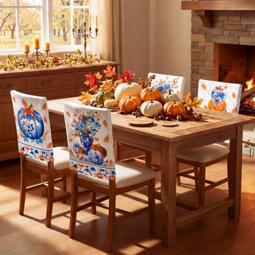6 Pcs Fall Chair Covers, Blue Vase Pumpkin Slipcovers