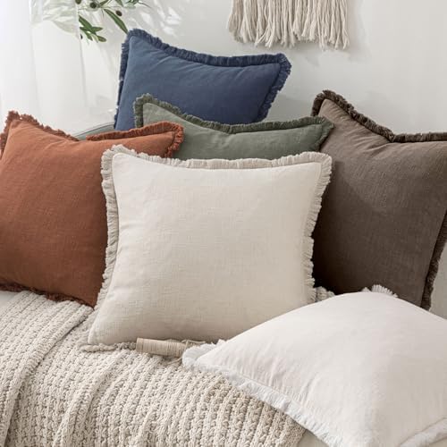MIULEE Boho Linen Fringe Decorative Fall Throw Pillow Covers Coffee 20x20