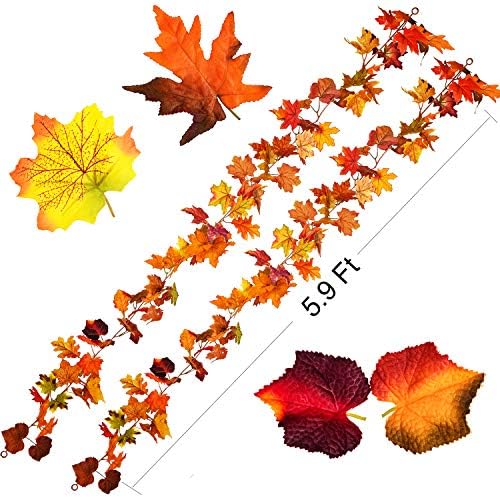 DearHouse 2 Pack Fall Garland Maple Leaf, 5.9Ft/Piece Hanging Vine Garland Artificial Autumn Foliage Garland Thanksgiving Decor for Home Wedding Fireplace Party Christmas (Orange)