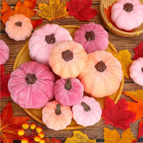 Whaline 12Pcs Fall Artificial Pumpkins Blush Coral Pink Peach Pink Fake Velvet Pumpkins 3 Sizes Autumn Foam Pumpkin Table Centerpiece for Fall Baby Shower Thanksgiving Halloween Party Decoration