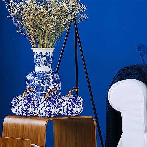 Winlyn 4 Pcs Faux Decorative Blue and White Fabric Pumpkins Chinoiserie Chic Pumpkins Foam Pumpkins for Gifts Farmhouse Thanksgiving Halloween Fall Wedding Table Centerpiece Mantel Bowl Decorations