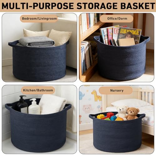 115L Extra Large Woven Cotton Rope Laundry Basket-Navy Blue