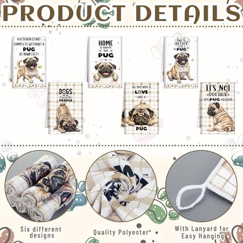 Redbaker 6 Pcs Pug Kitchen Towels Puppy Dish Towel Gifts for Pug Lovers