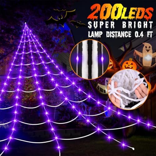 Halloween Decorations Outdoor, 200 LED Halloween Giant Spider Web Lights, 16.4Ft Lighted Spider Web Light up for Yard Haunted House Decor,Purple