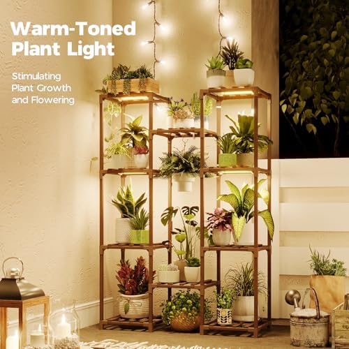 Bamworld Plant Stand with Grow Light Plant Shelf for Mutiple Pots Large Plant Holder for Living Room Patio Boho Home