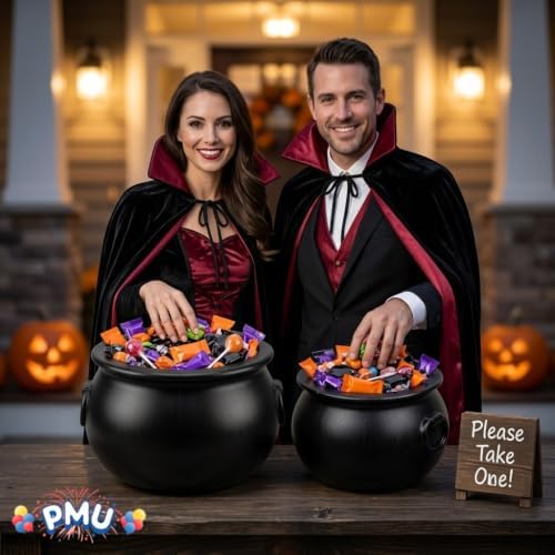 PMU Halloween Cauldron 2pc- 12", 10" Witch Plastic Cauldron bowl Black, For Halloween Decor