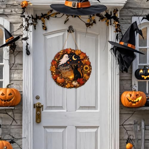 Halloween Harvest Moon Nights Fall Wreath Sign, Black Cat Ghost Wood Decor