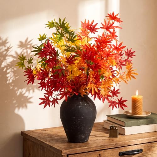 Suncalla 10 Pcs 31" Fall Artificial Japanese Maple Stem, Green Orange