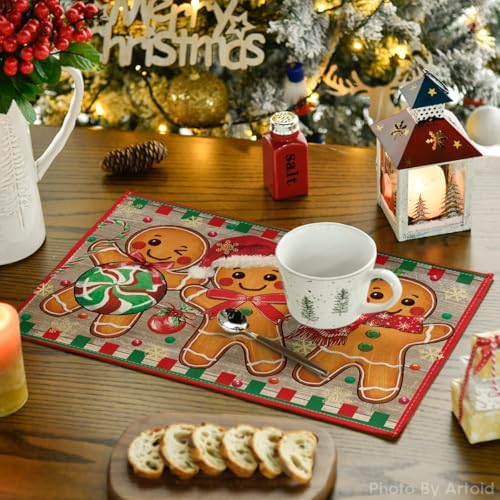 Artoid Mode Wood Gingerbread Candy Cane Christmas Placemats for Dining Table, 12 x 18 Inch Seasonal Winter Washable Table Mats Set of 6