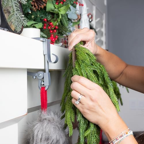 [Fireplace Stocking and Garland Hanger] - Patented Mantle Holder Has Two Hooks - Hold Christmas Stocking and Hang Garland - Durable Wrought Iron - Padded Contact Points (3 Pack - Silver)